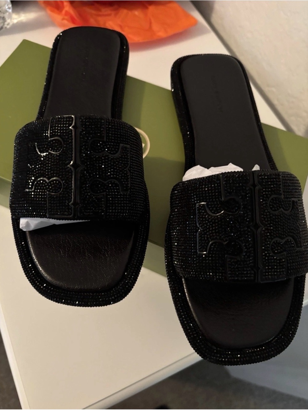 Tory Burch Black Beaded Logo Slide Sandals text 5045474637 if interested.